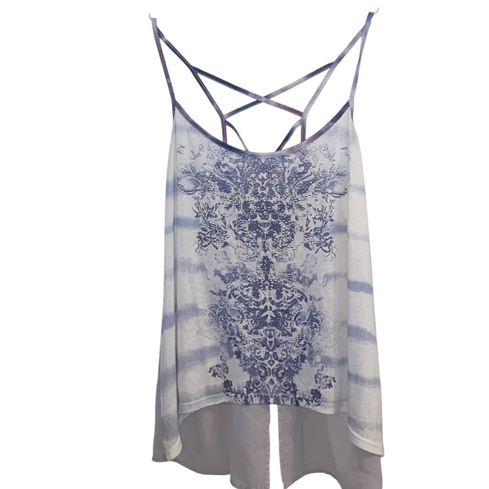 Vtg Y2K Miss Me silver embellished Racer back Strappy Tie dye Sheer Tank Top